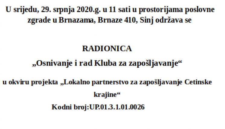 Najava radionice "Osnivanje i rad Kluba za zapo&scaron;ljavanje"