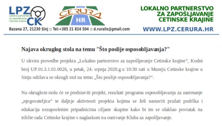 Najava okruglog stola na temu "&Scaron;to poslije osposobljavanja?"