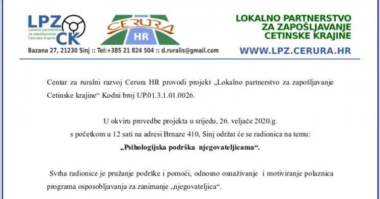 Najava radionice: "Psihologijska podr&scaron;ka njegovateljicama" &ndash; 26. veljače 2020.