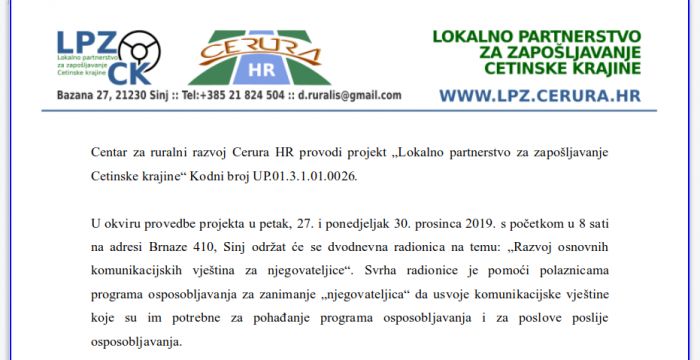 Najava radionice &quot;Razvoj osnovnih komunikacijskih vještina za njegovateljice&quot;