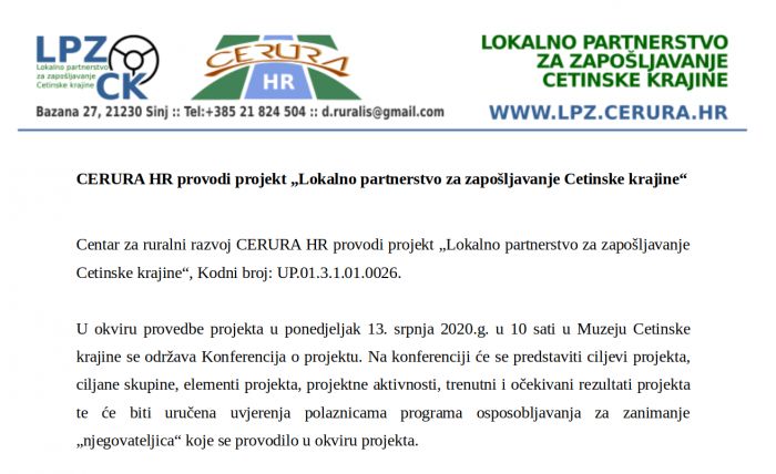 Najava konferencije o projektu &quot;Lokalno partnerstvo za zapošljavanje Cetinske krajine&quot;