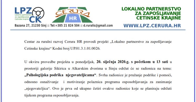 Najava radionice: "Psihologijska podr&scaron;ka njegovateljicama" &ndash; 20. siječnja 2020.